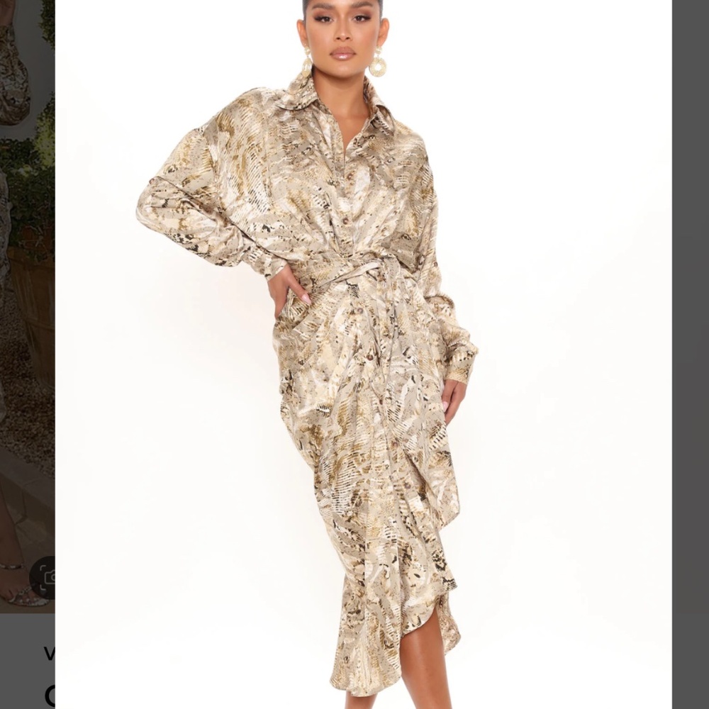 Kristy Satin Midi Shirt Dress - Tan/Multi Size SMALL